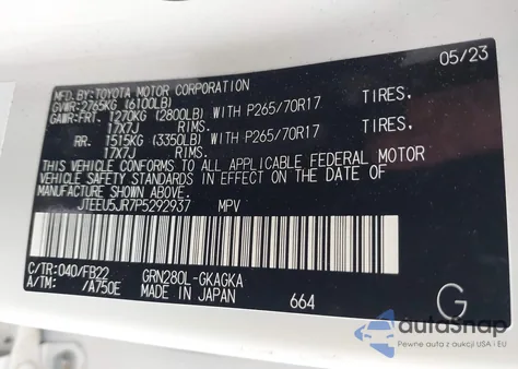 2023 Toyota 4Runner Sr5 из США, поврежденный, VIN JTEEU5JR7P5292937